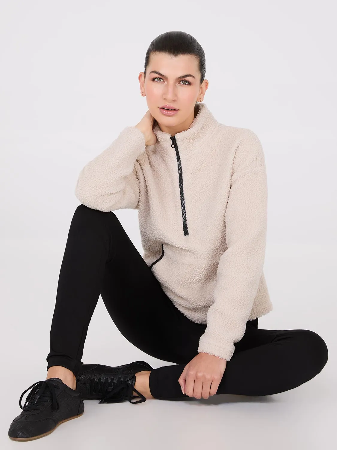 Contrast Piping Half-Zip Sherpa Sweater sold by Suzy Shier