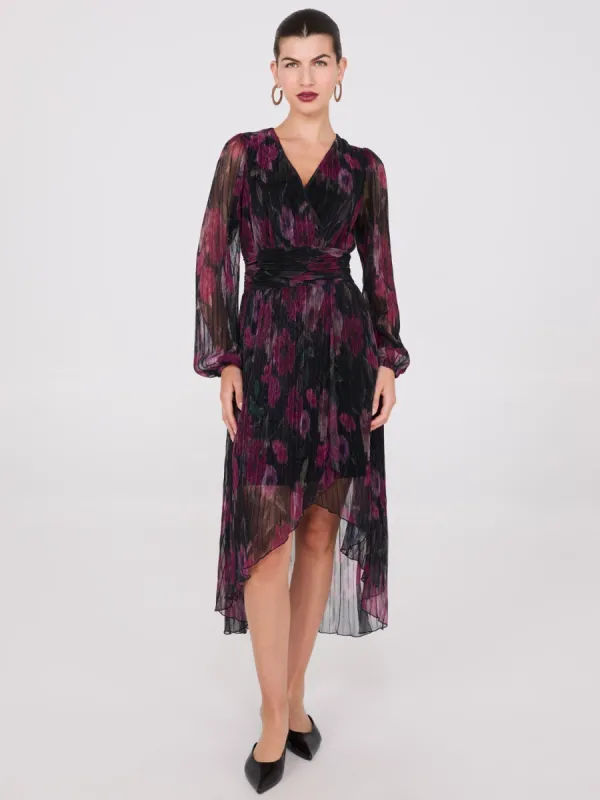 Floral Print Crossover Plisse Midi Dress sold by Suzy Shier