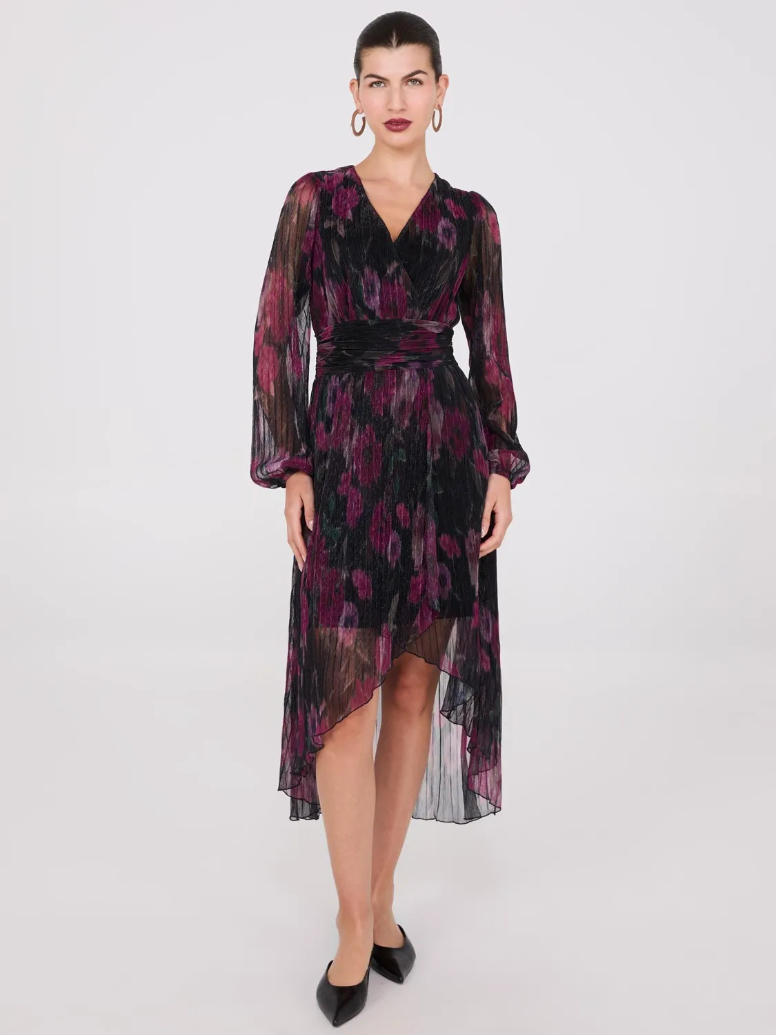 Floral Print Crossover Plisse Midi Dress sold by Suzy Shier