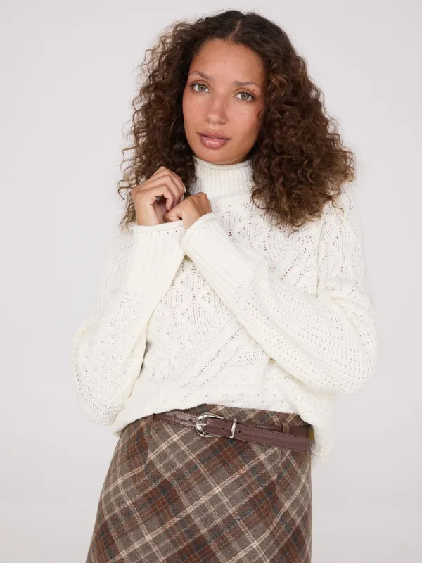 Multi Cable Knit Mock Neck Sweater sold by Suzy Shier
