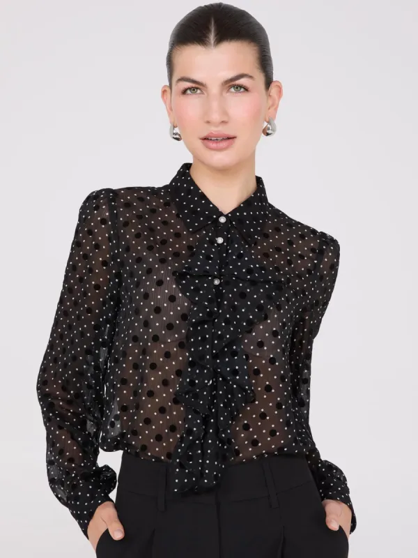 Dot Print Ruffle Button-Front Blouse sold by Suzy Shier
