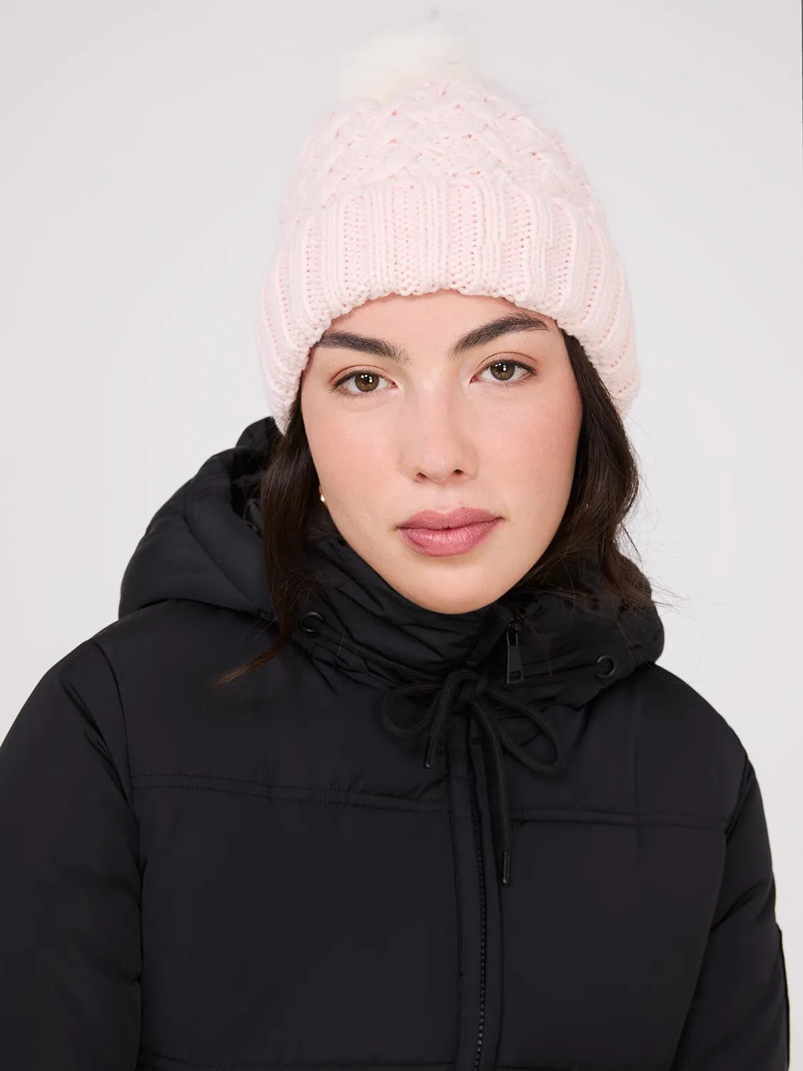 Cable Knit Hat With Faux Fur Pom Pom sold by Suzy Shier product image thumbnail 2