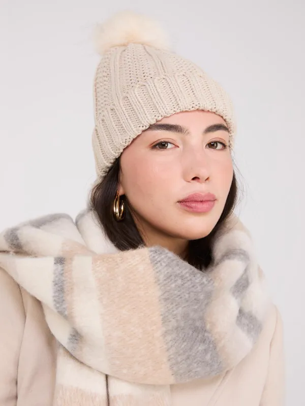 Metallic Beanie With Faux Fur Pom Pom sold by Suzy Shier