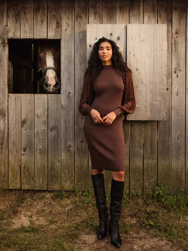 Metallic Mock Neck Midi Dress With Plisse Sleeves sold by Suzy Shier