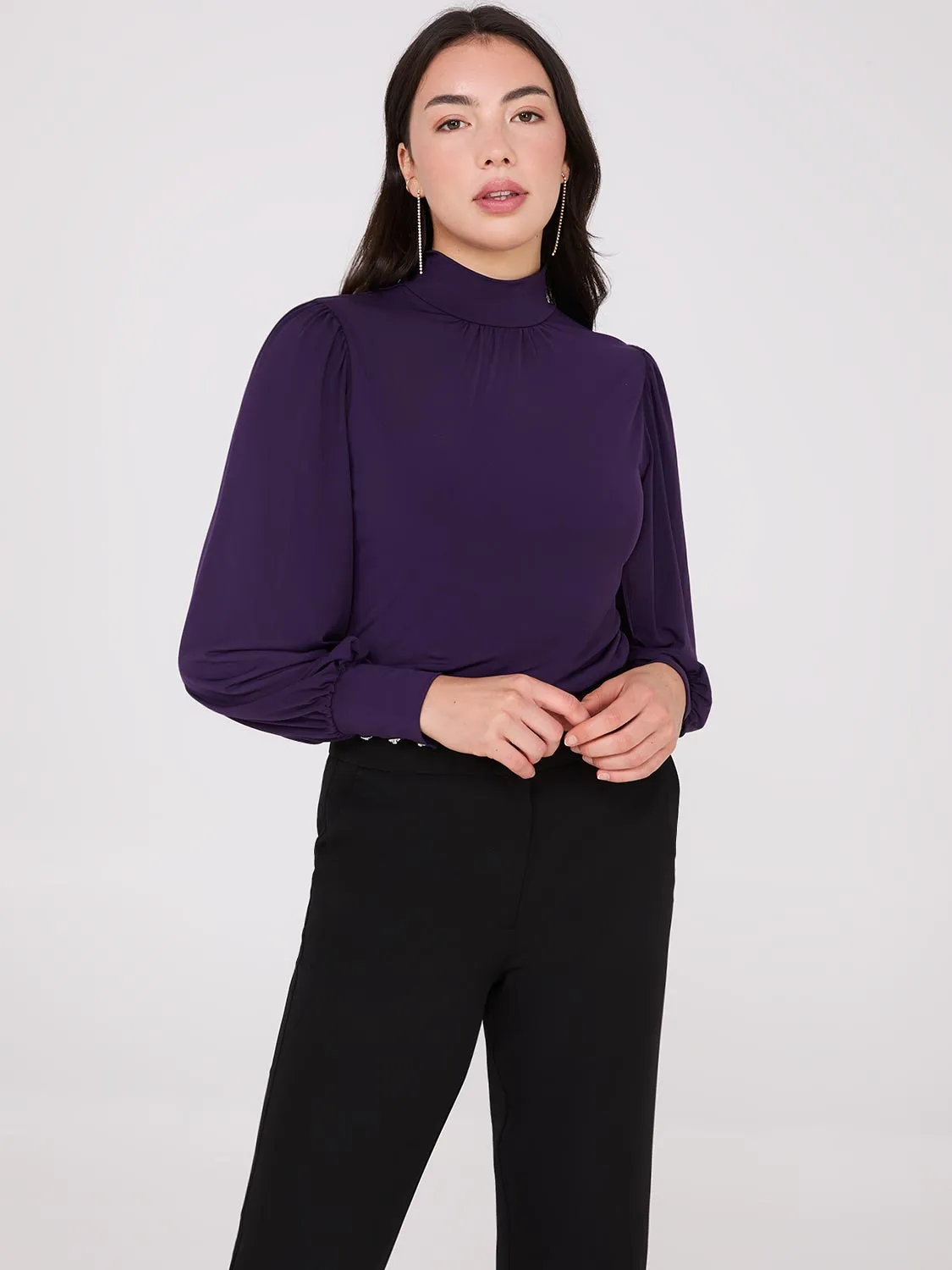 Long Balloon Sleeve Mock Neck Blouse sold by Suzy Shier