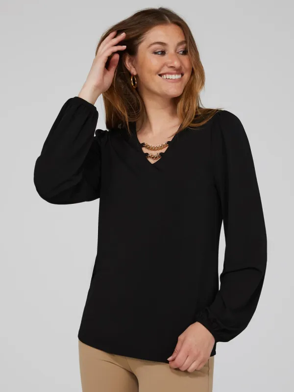 Textured Crepe Long Sleeve Top With Metal Chain Detail sold by Suzy Shier