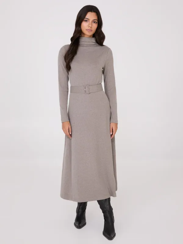 Mock Neck Belted Melange Midi Dress sold by Suzy Shier