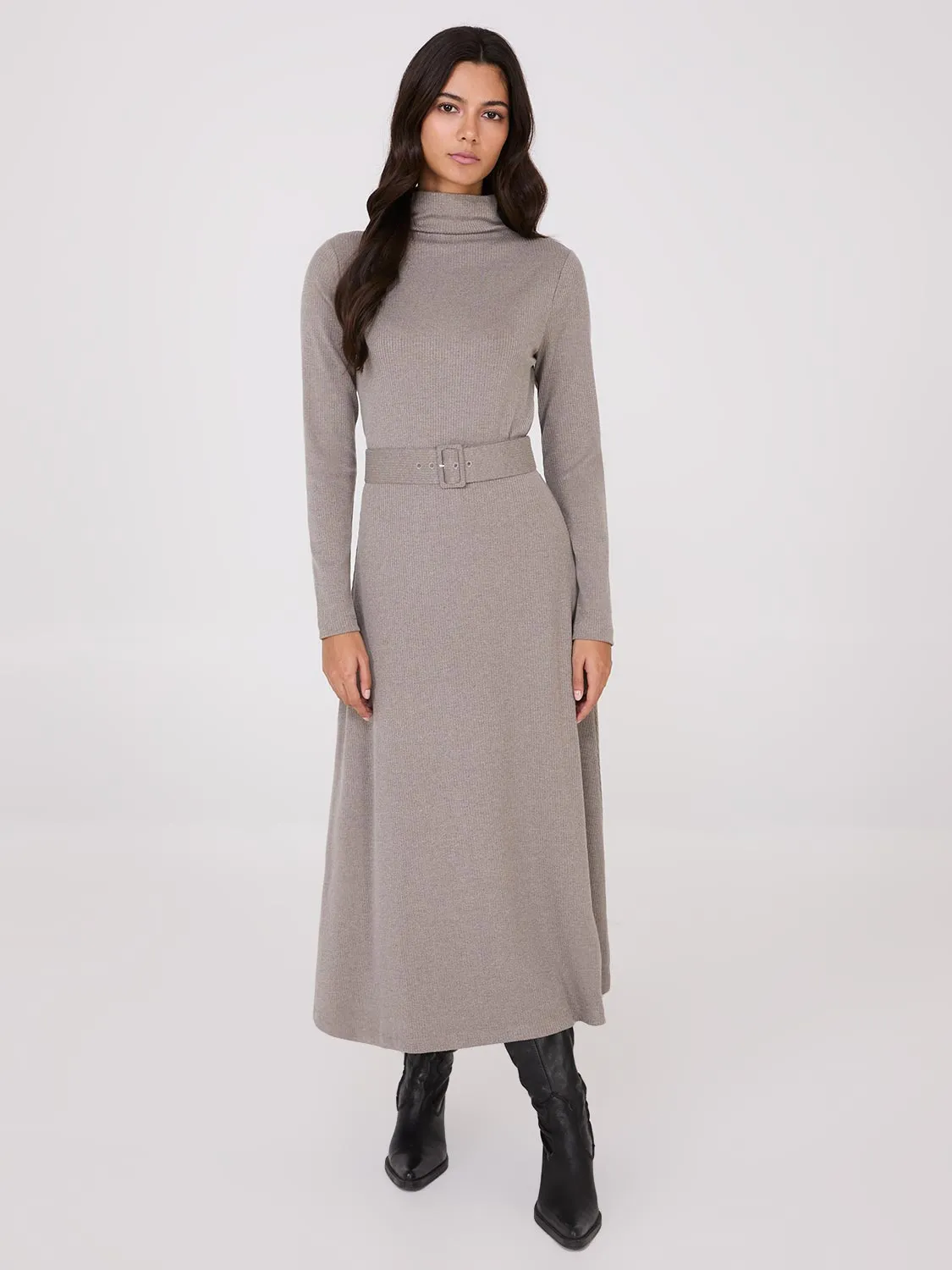 Mock Neck Belted Melange Midi Dress sold by Suzy Shier