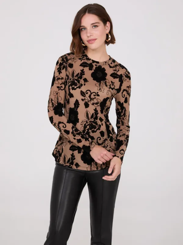 Flocked Mesh Top With Shirttail Hem sold by Suzy Shier