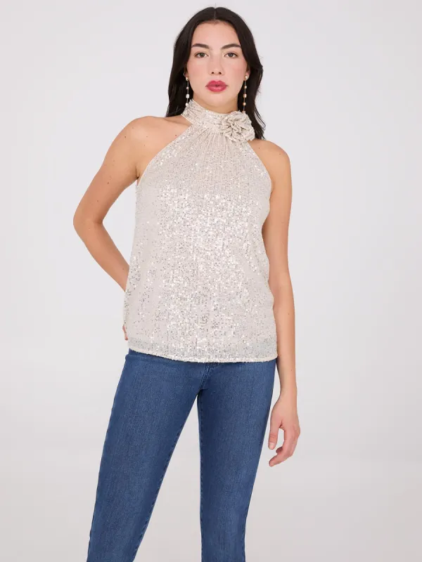 Rosette Halter Mock Neck Sequin Top sold by Suzy Shier