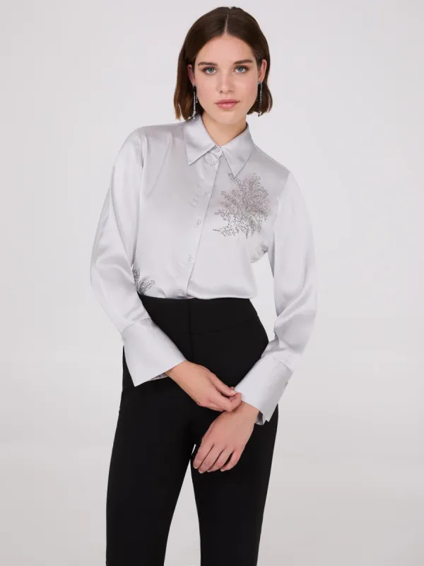Rhinestone Embellished Button-Front Blouse sold by Suzy Shier
