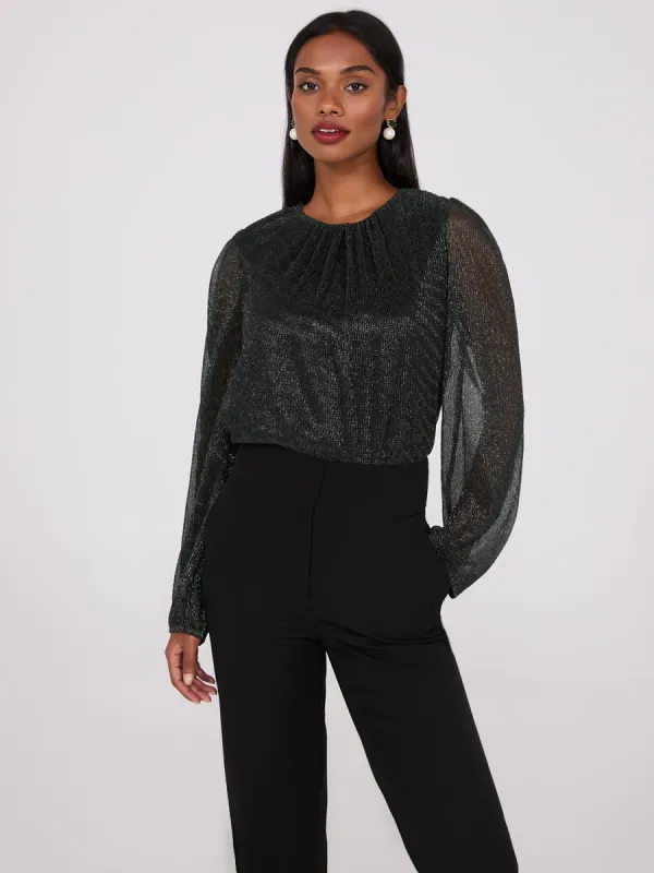 Metallic Plisse Mesh Top sold by Suzy Shier