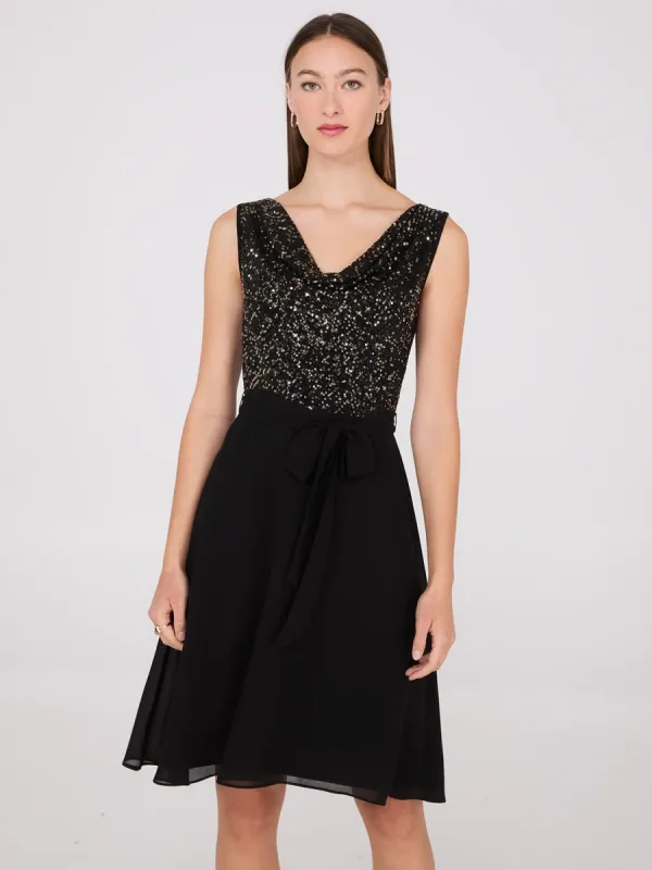 Sequin Cowl Neck Fit & Flare Dress sold by Suzy Shier