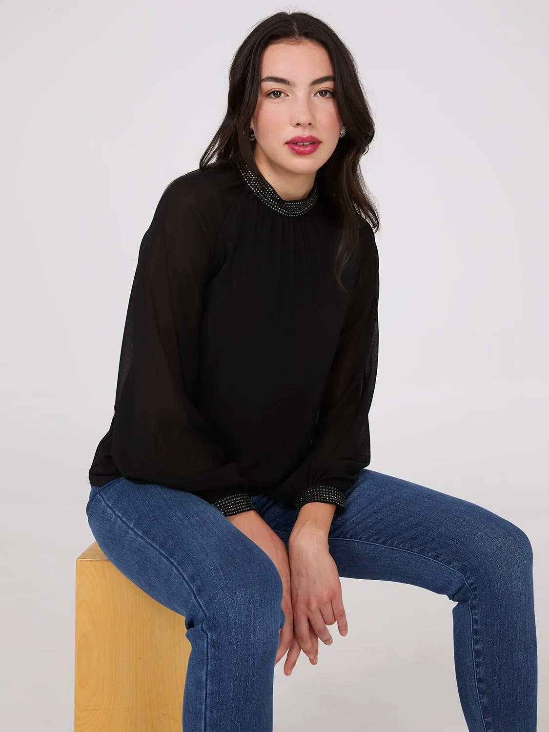 Chiffon Sleeve Mock Neck Top With Rhinestones sold by Suzy Shier product image thumbnail 3