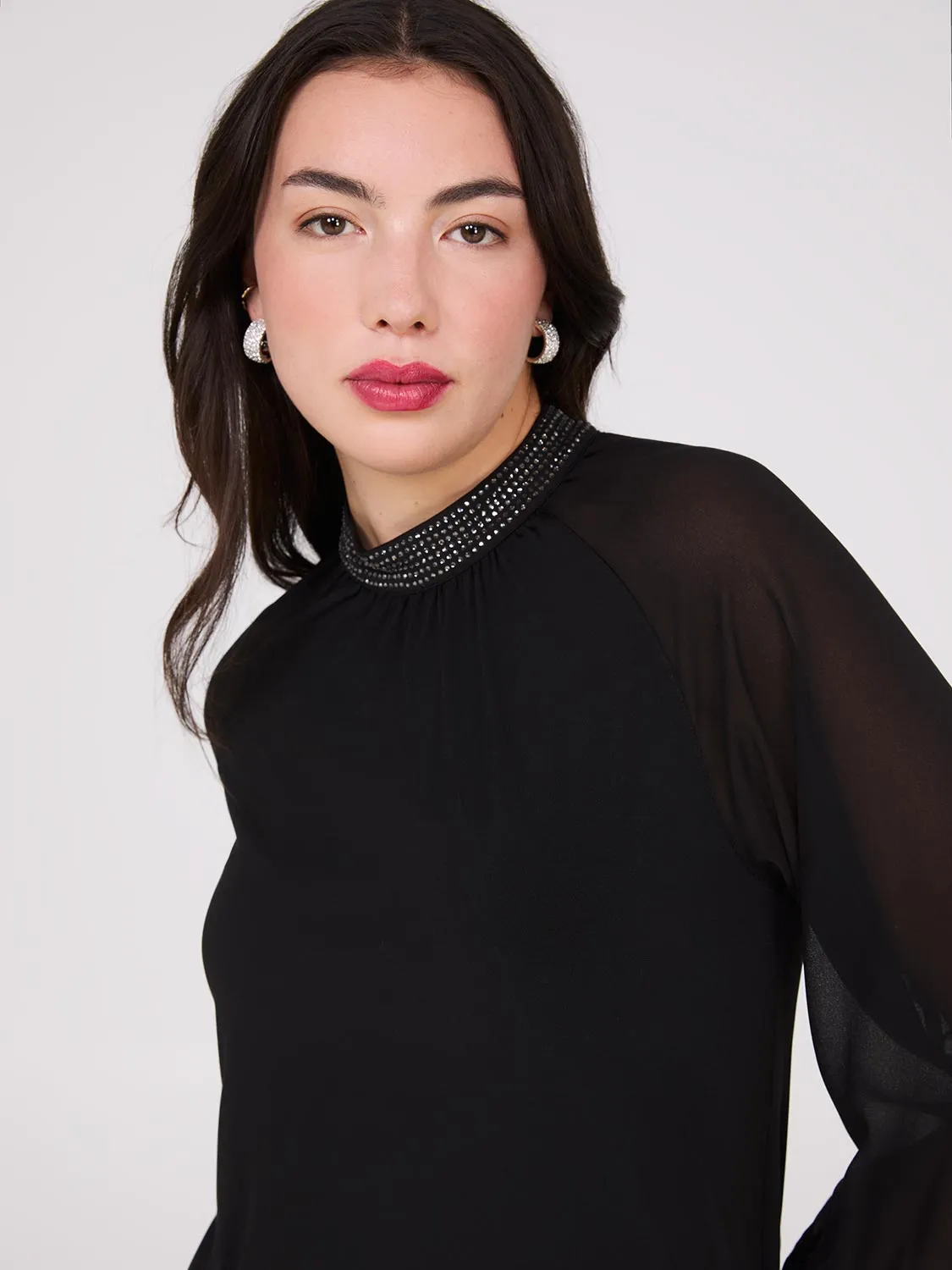 Chiffon Sleeve Mock Neck Top With Rhinestones sold by Suzy Shier product image thumbnail 2