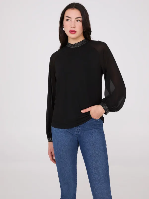 Chiffon Sleeve Mock Neck Top With Rhinestones sold by Suzy Shier