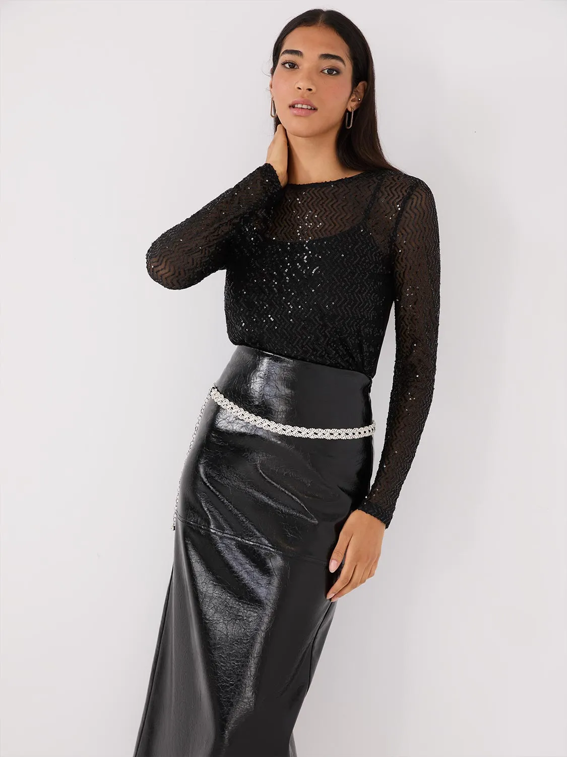 Zig-Zag Sequin Mesh Top WIth Cami sold by Suzy Shier product image thumbnail 3