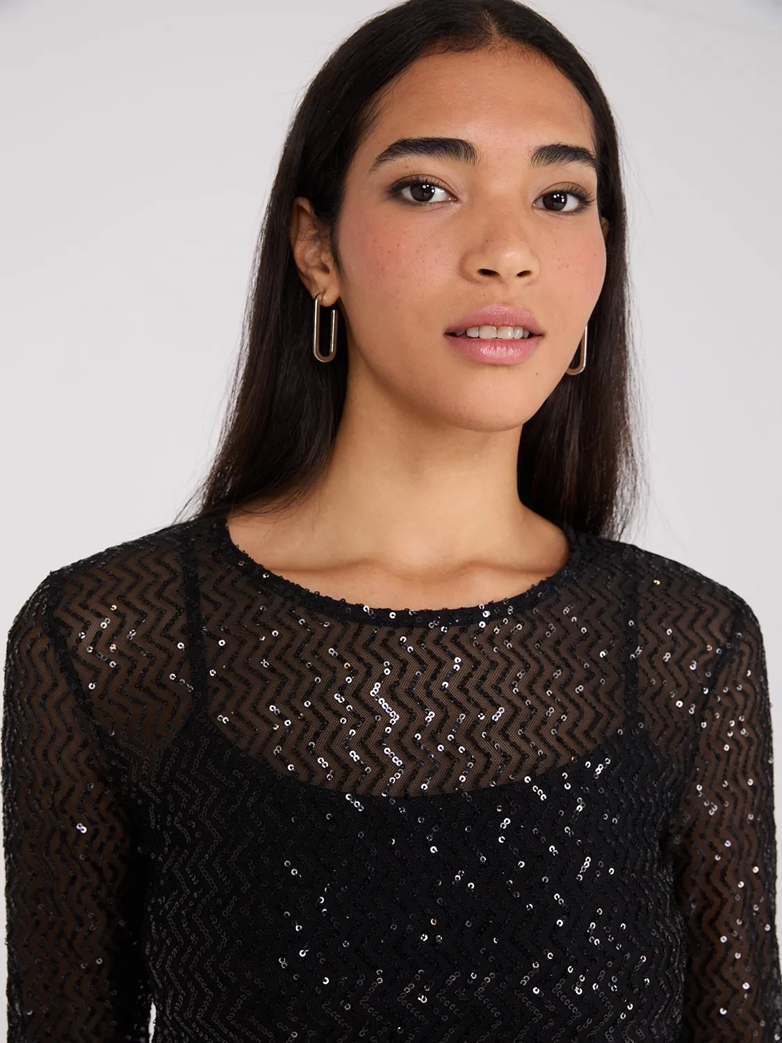 Zig-Zag Sequin Mesh Top WIth Cami sold by Suzy Shier product image thumbnail 2