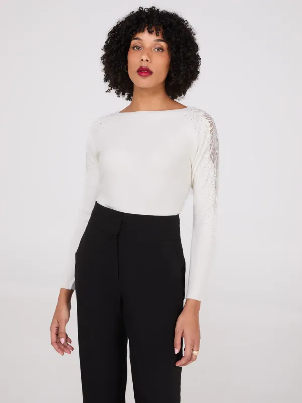 Boat Neck Sweater With Embellished Sleeves sold by Suzy Shier