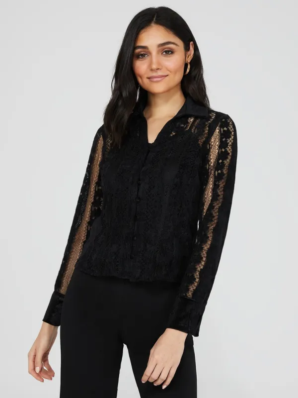 Velour Textured Lace Button-Front Blouse sold by Suzy Shier