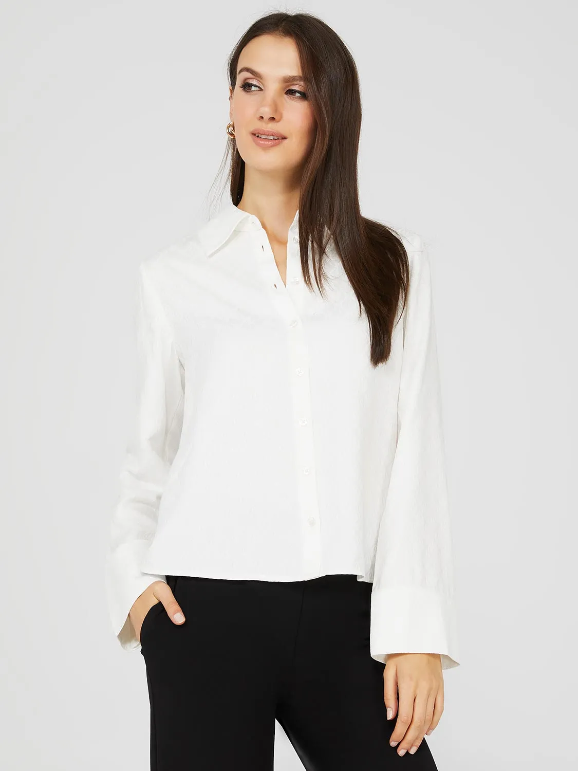 Jacquard Button-Front Blouse With Wide Sleeves sold by Suzy Shier