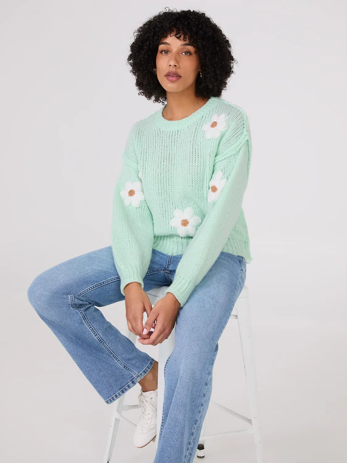 Crew Neck Sweater With Crochet Flowers sold by Suzy Shier product image thumbnail 3