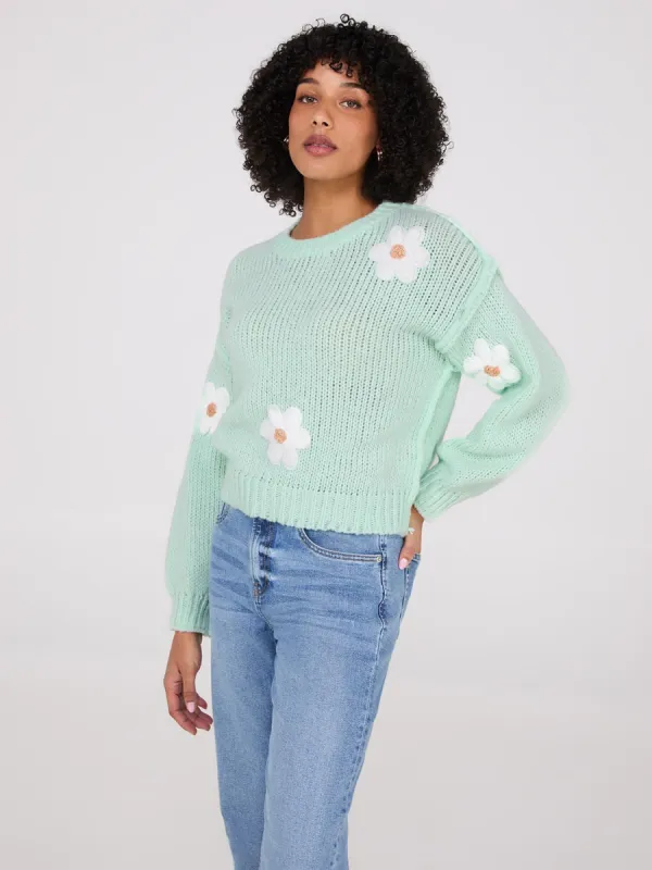 Crew Neck Sweater With Crochet Flowers sold by Suzy Shier