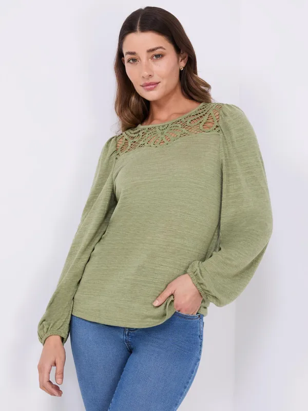Textured Long Sleeve Top With Crochet Details sold by Suzy Shier