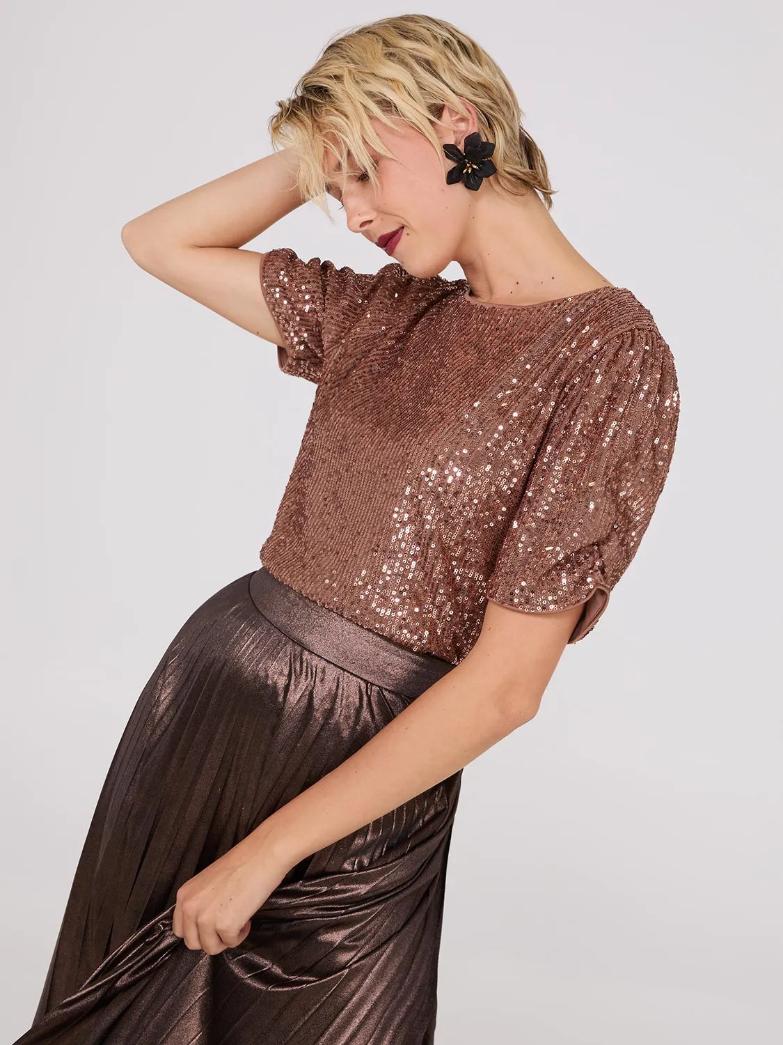 Ruched Short Sleeve Sequin Top sold by Suzy Shier