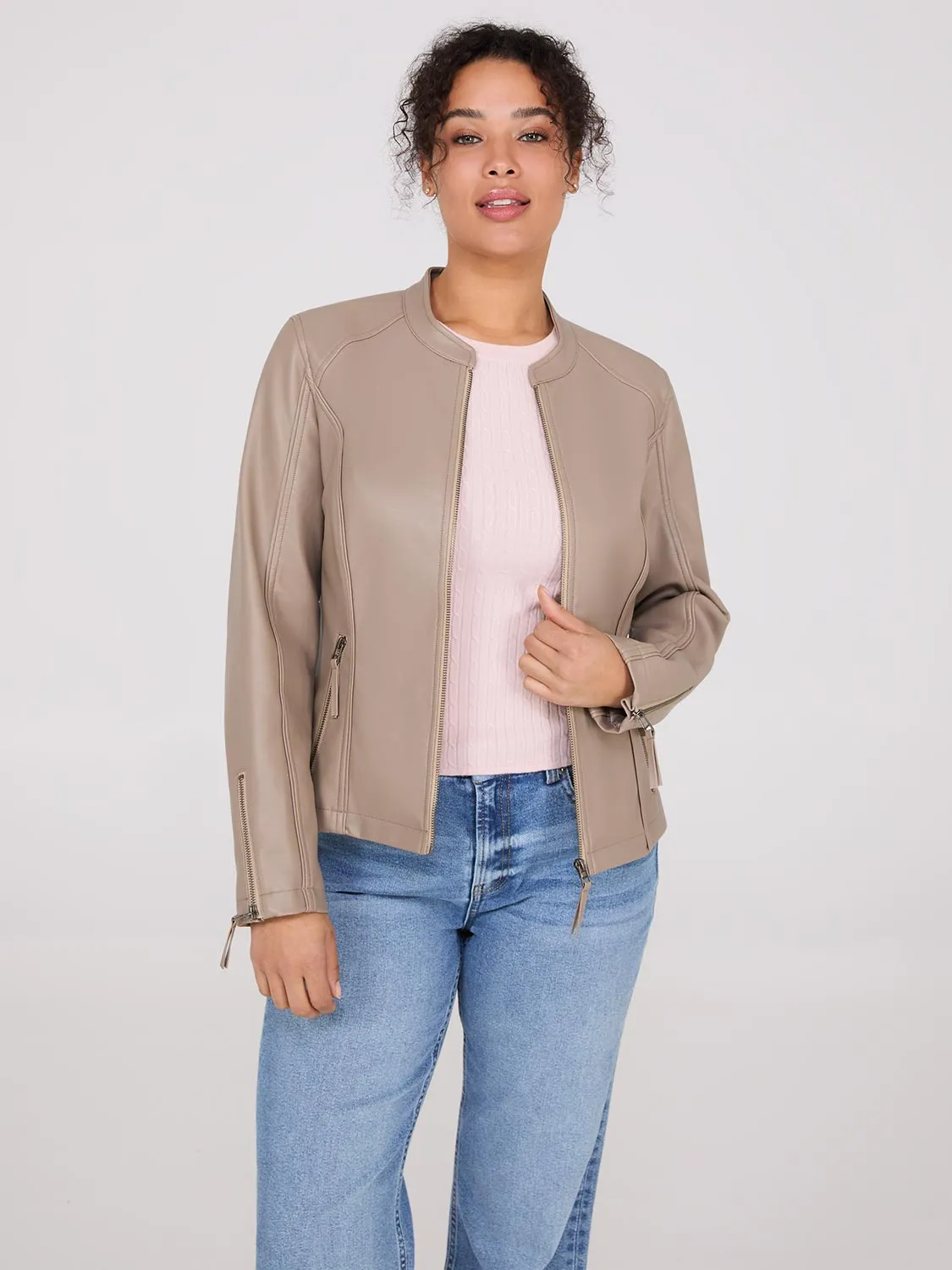 Zip-Front Faux Leather Jacket sold by Suzy Shier