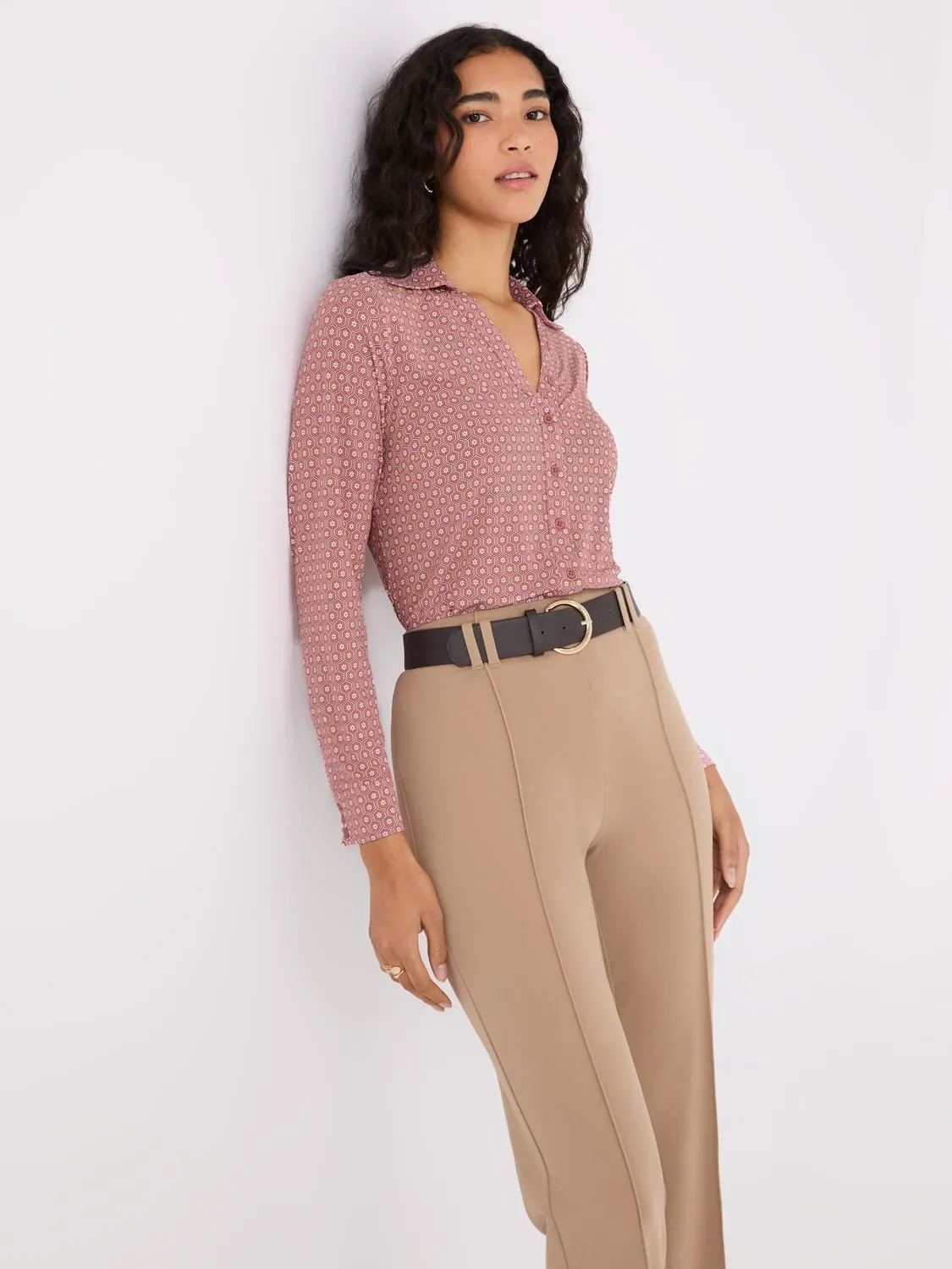 Printed Split Neck Button-Down Blouse sold by Suzy Shier