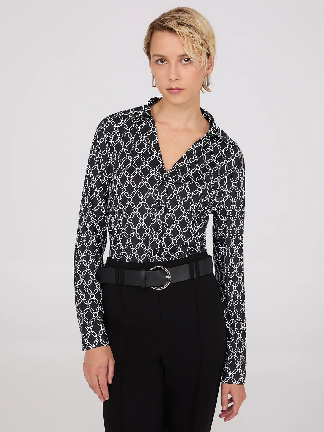 Chain Print Split Neck Button-Down Blouse sold by Suzy Shier