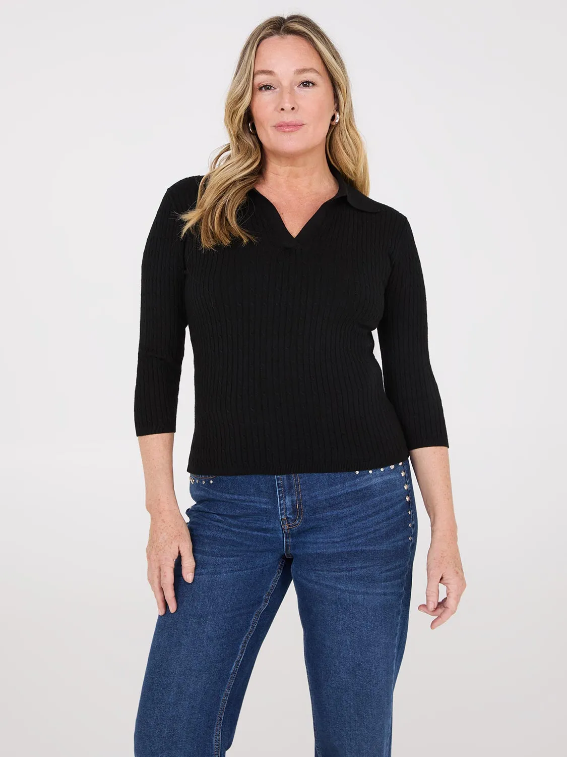 Johnny Collar Cable Knit Sweater sold by Suzy Shier product image thumbnail 5