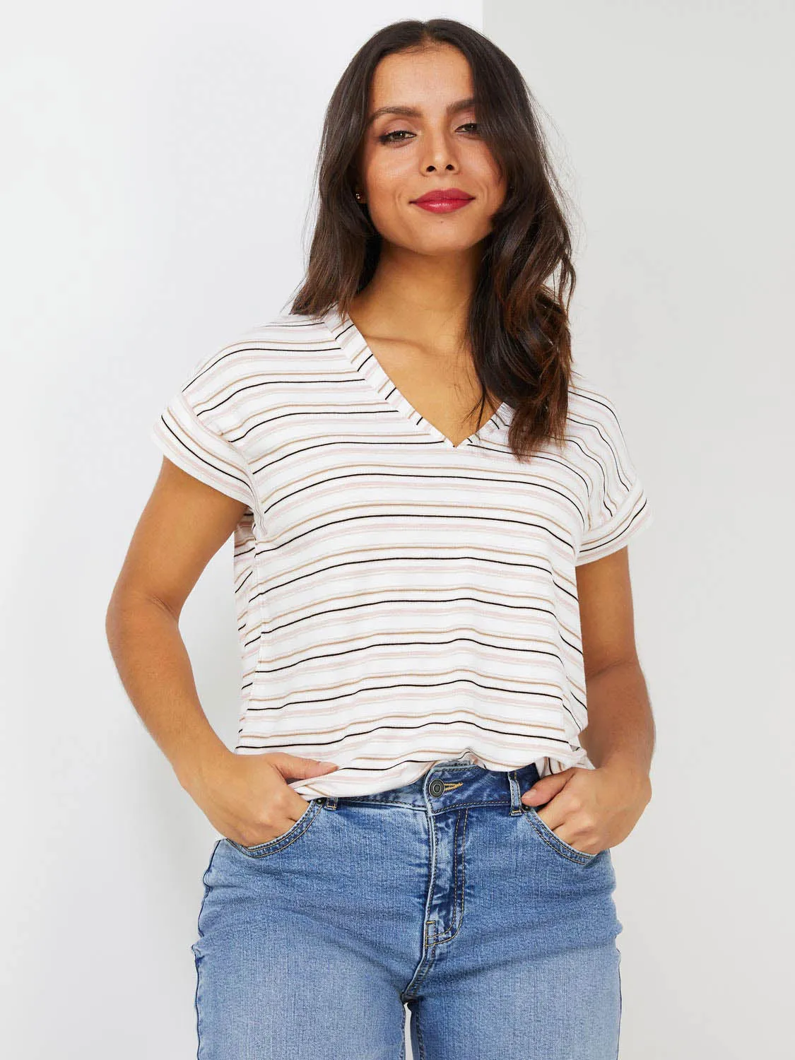 Metallic Striped V-Neck Top sold by Suzy Shier
