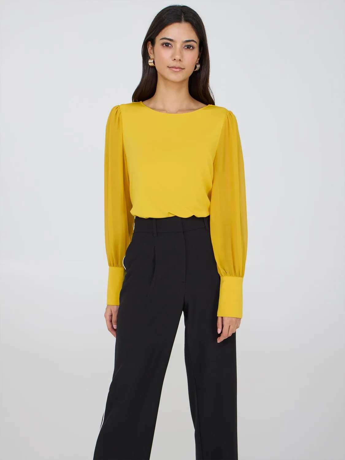 Long Chiffon Sleeve Boat Neck Top sold by Suzy Shier
