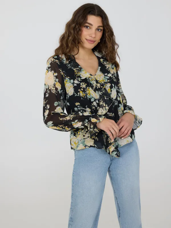 Floral Print Ruffle V-Neck Popover Blouse sold by Suzy Shier