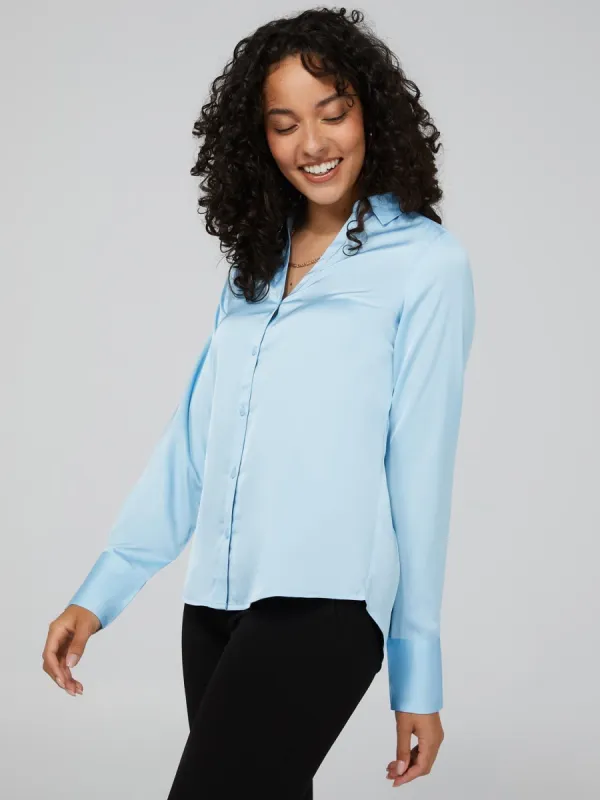 Satin Split Neck Button-Front Blouse sold by Suzy Shier