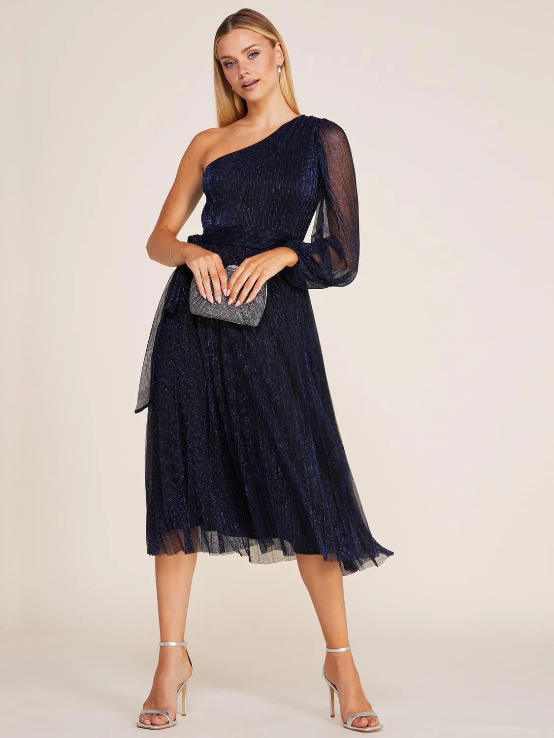 One-Shoulder Crinklle Lurex Fit & Flare Midi Dress sold by Suzy Shier