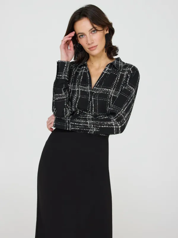 Satin Plaid Johnny Collar Popover Blouse sold by Suzy Shier