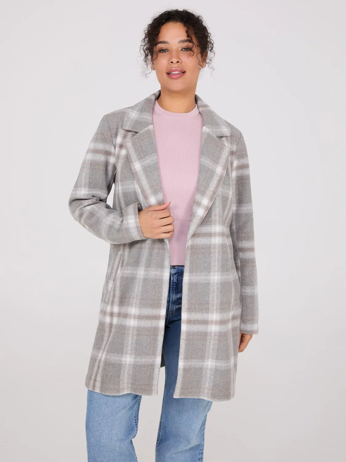 Plaid Open-Front Car Coat sold by Suzy Shier