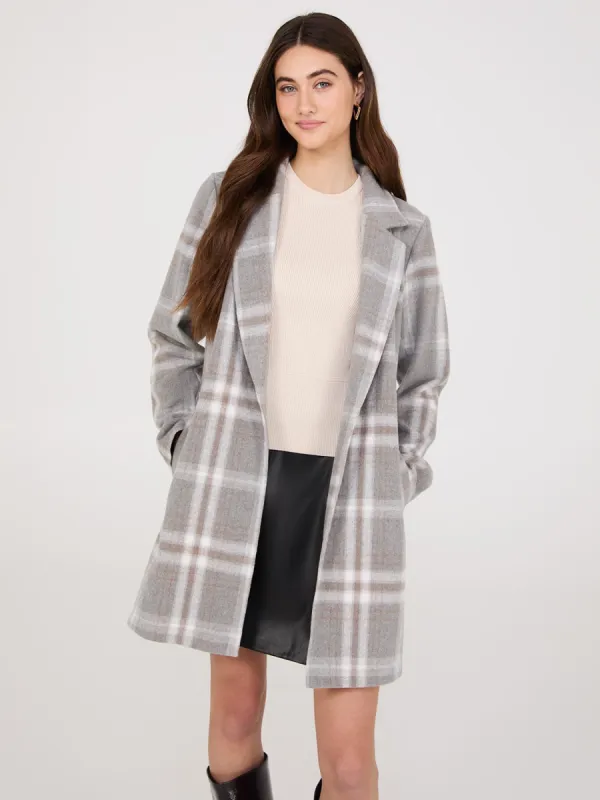 Plaid Open-Front Car Coat sold by Suzy Shier
