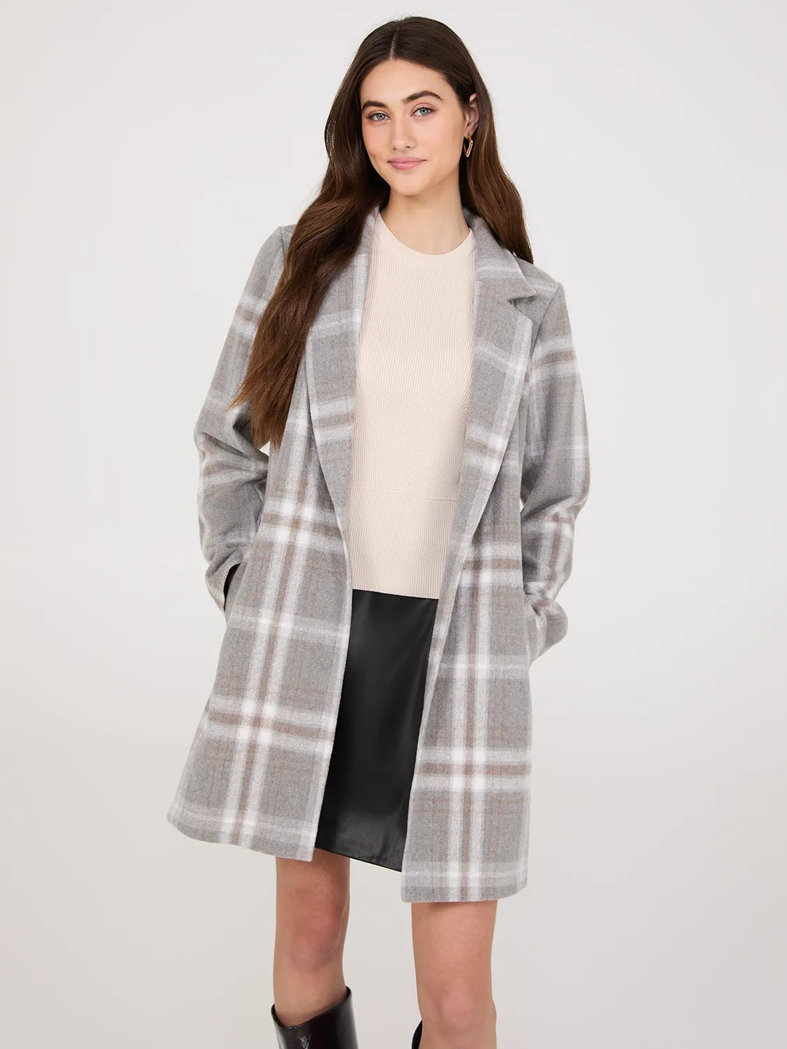 Plaid Open-Front Car Coat sold by Suzy Shier