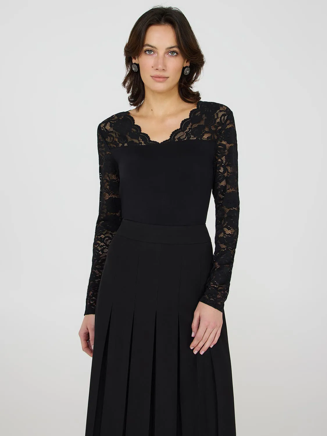 Scallop V-Neck Top With Lace Sleeves sold by Suzy Shier