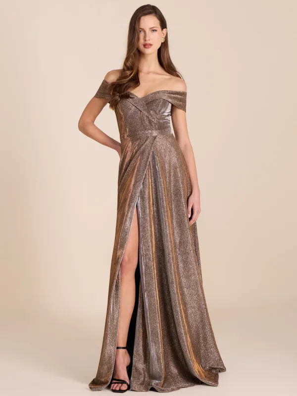 Metallic Off-The-Shoulder Ball Gown sold by Suzy Shier