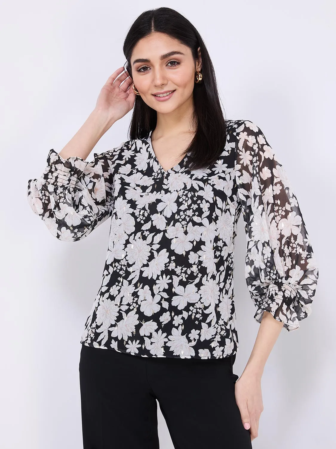 Floral Print Chiffon V-Neck Popover Blouse sold by Suzy Shier