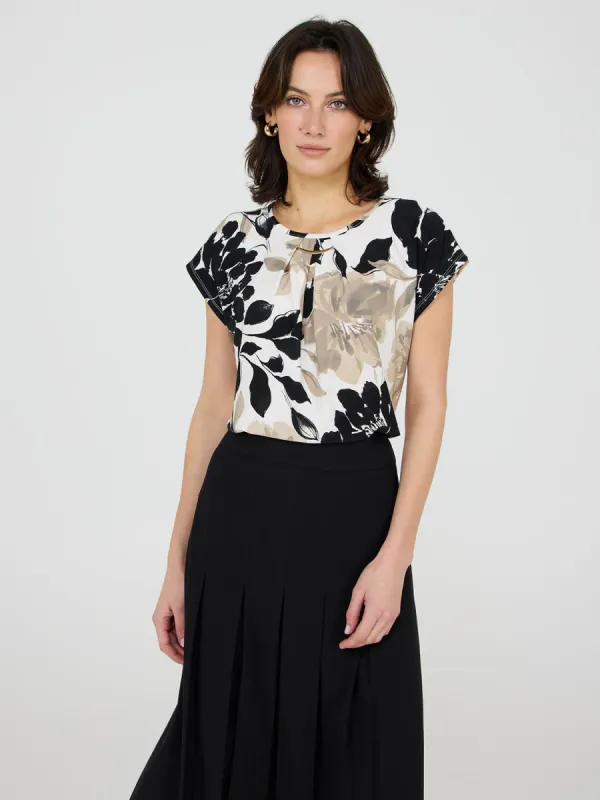 Floral Print Pleated Top With Bar Detail sold by Suzy Shier