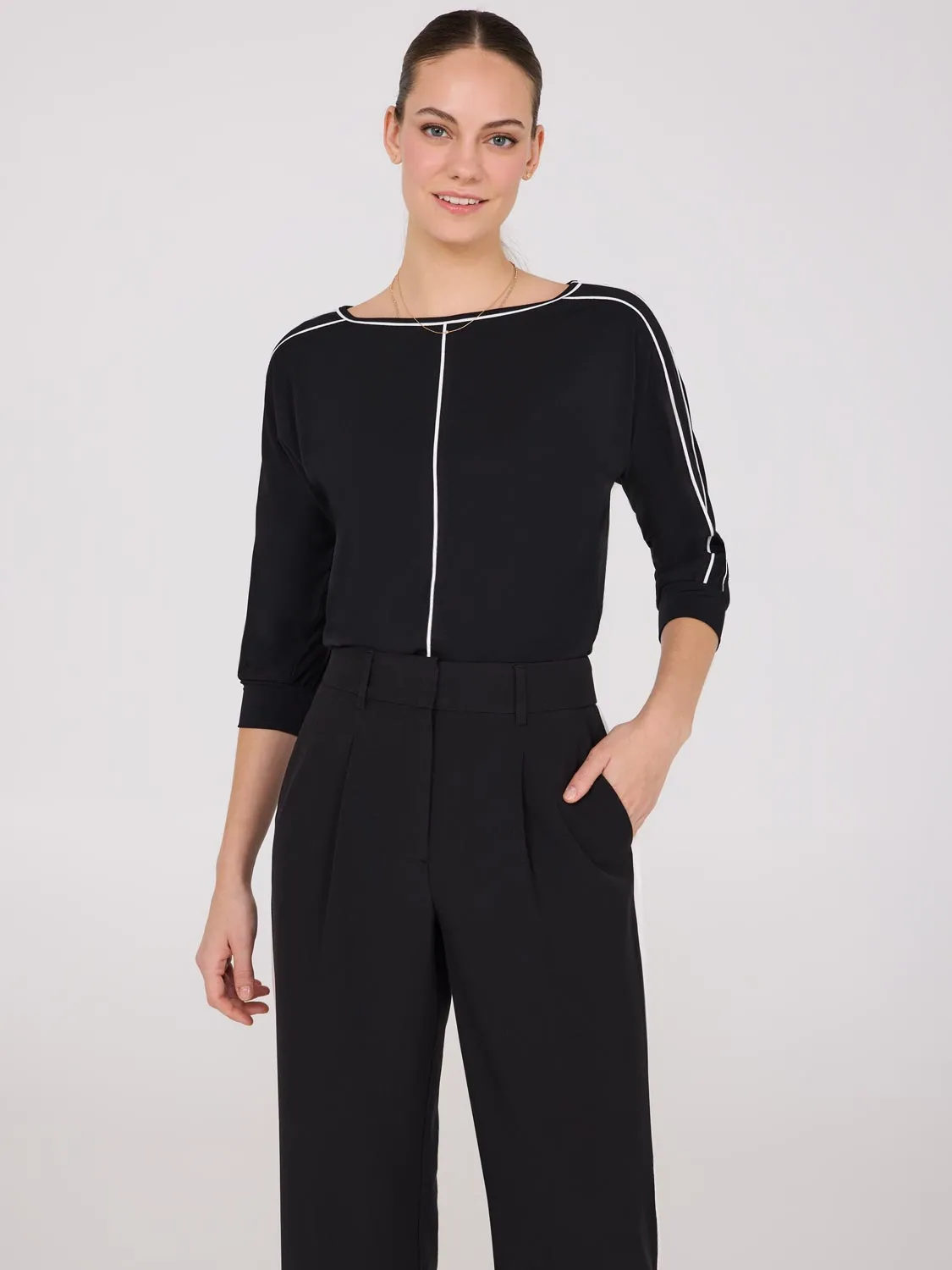 Contrast Piping Boat Neck Top sold by Suzy Shier