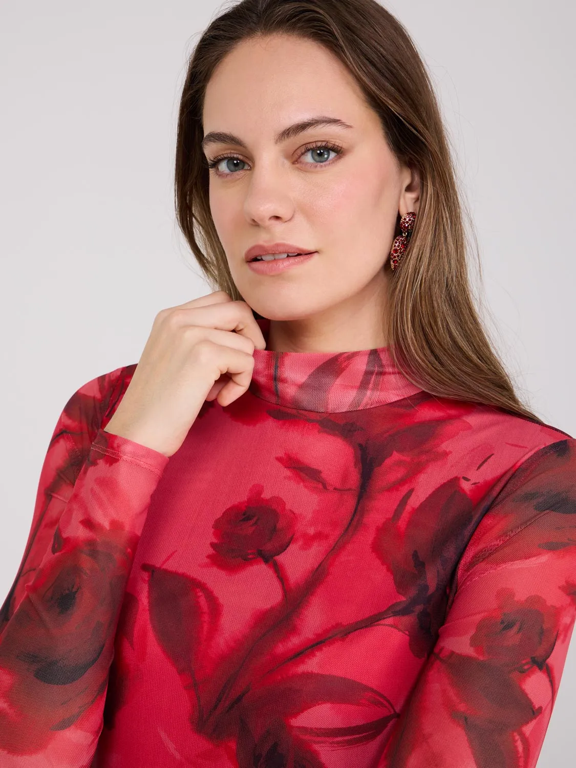 Floral Print Mock Neck Mesh Top sold by Suzy Shier product image thumbnail 2