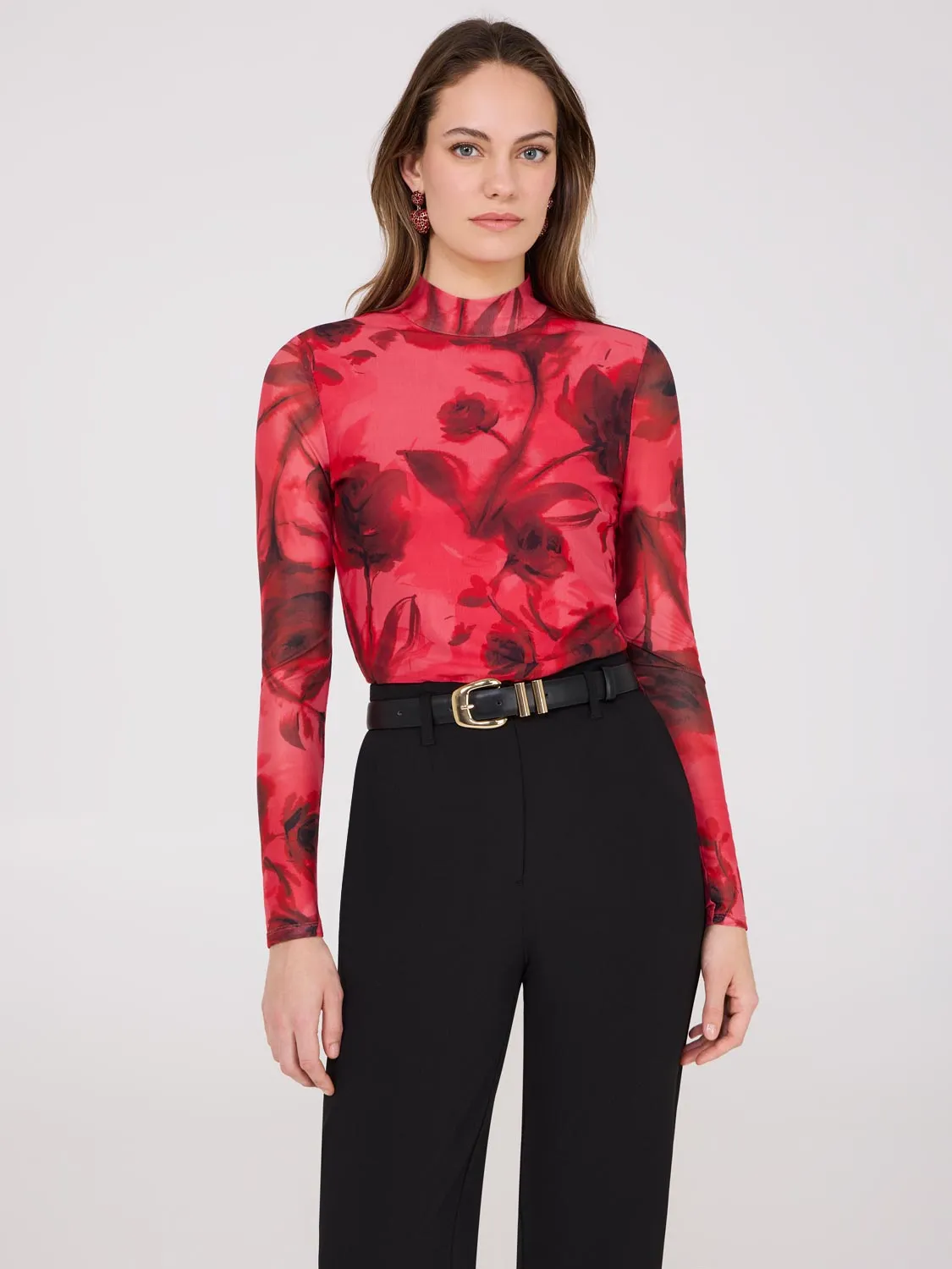 Floral Print Mock Neck Mesh Top sold by Suzy Shier