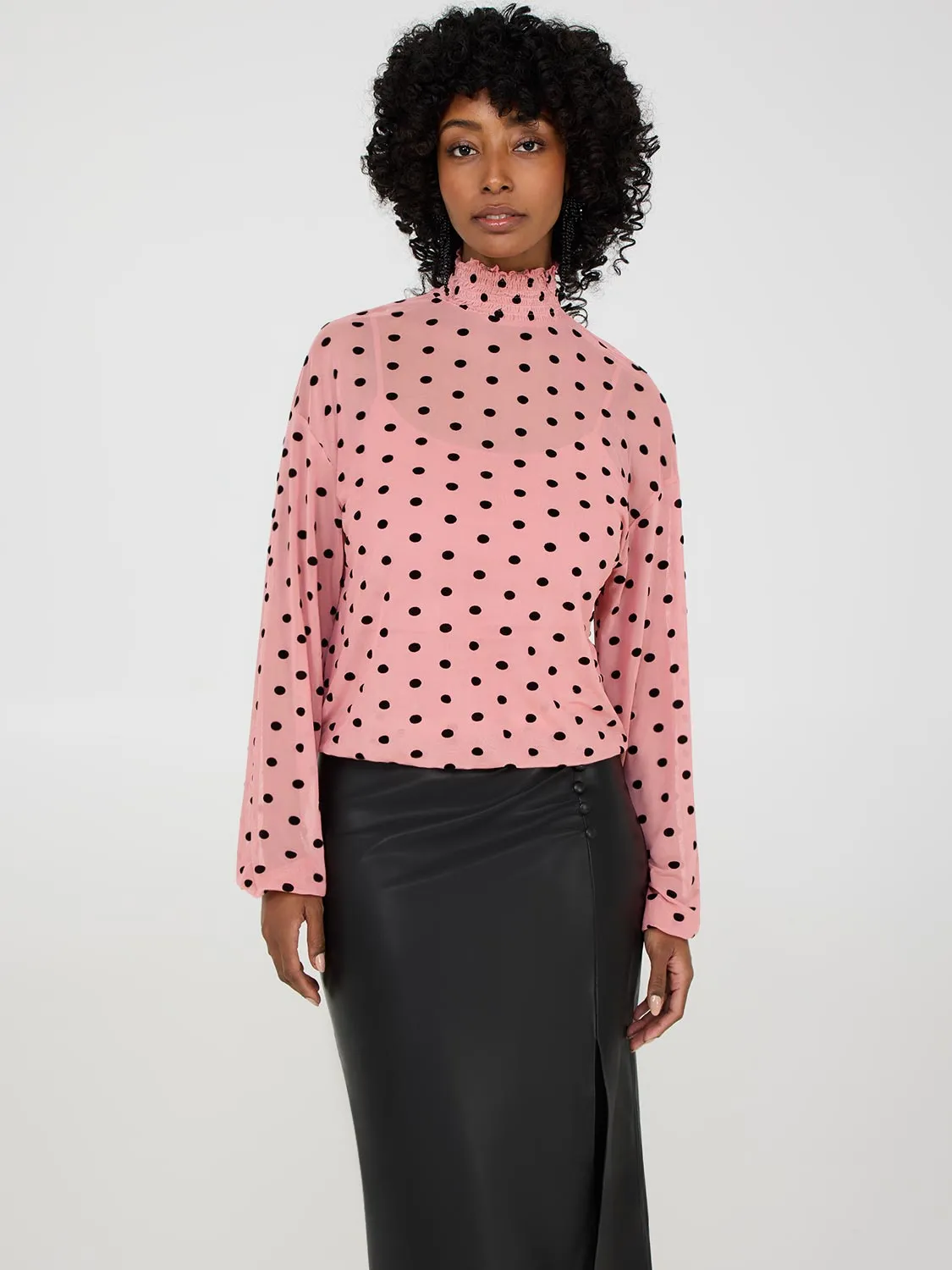 Smocked Mock Neck Mesh Top With Cami sold by Suzy Shier